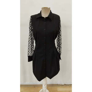 Vestido Corto de Crepé Importado con Cuello y Botones para Mujer, Manga Larga, 29566 - Negro - Product Image 4