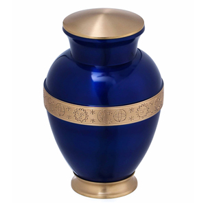 โกศเผาศพทองเหลืองสีน้ำเงินเงางาม พร้อมแถบสลักสีทอง สำหรับบรรจุอัฐิมนุษย์  โถใส่เถ้ากระดูกสำหรับงานศพ  โถเก็บอัฐิสำหรับตกแต่ง  ผู้ส่งออกและขายส่ง - Product Image 2
