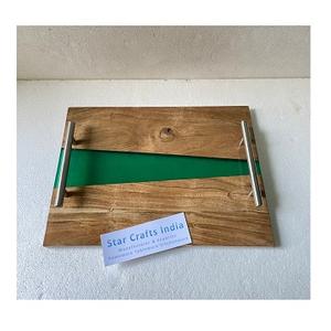 Nouveauté Plateau en bois fait main en résine avec poignée en métal Fabricant de plateau alimentaire en gros Plateaux en bois de luxe pour hôtel et maison - Product Image 6