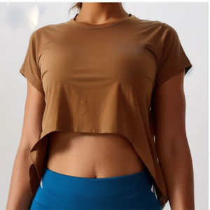 Haut court confortable pour femme, décontracté, ample, pour le sport, col rond, motif uni, logo, pour vêtements de fitness d'été - Product Image 1