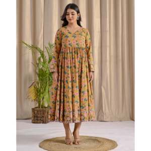 Yellow Jaal Printed Angrakha Long Dress with Flare Indian & Pakistani Clothing - Product Image 4