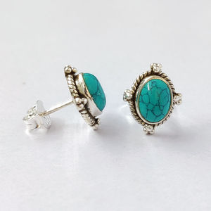14K Gold Turquoise <b>Stud</b> <b>Earrings</b> 3.1 Grams Bezel <b>Set</b> Geometric Pattern with Opal Diamond Ruby Engagement Suitable - Product Image 1