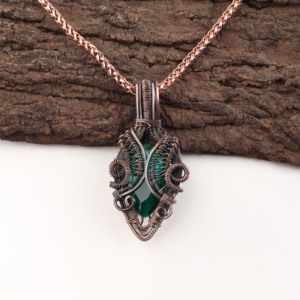 Green <b>Emerald</b> Quartz Gemstone Pear Cut Copper Wire Wrapped Fashion <b>Pendant</b> Necklace Oxidized Silver Wedding Anniversary Gift - Product Image 1