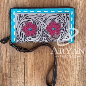 กระเป๋าคลัทช์งานประดิษฐ์ทำจากหนังแท้สำหรับผู้หญิงกระเป๋าสตางค์อเนกประสงค์ลายดอกไม้สีแดง - Product Image 1