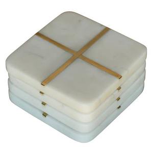 White <b>Marble</b> <b>Coaster</b> Set with Brass Inlay Handcrafted Square Stone Drink <b>Coasters</b> Luxury Table Protection for Home Dining trendy - Product Image 1