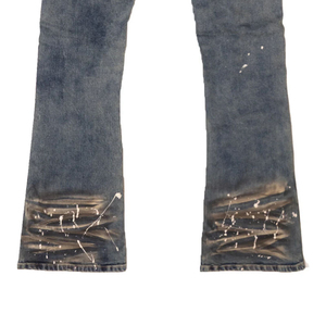 Haute Qualité Enduit Vintage Durable Denim Tissu Mi Taille Slim Fit Semi Flare Empilé Peinture Éclaboussures Jeans pour Hommes - Product Image 6