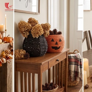 Panier en rotin Viettimecraft pour Halloween, forme ronde, fait main, écologique, très vendu, rangement, décoration intérieure, orange et noir - Product Image 2