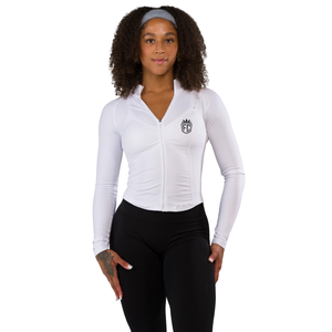 Veste sculptante zippée intégrale pour femme, en dentelle blanche, à manches longues, coupe ajustée, pour le yoga, la gym et les loisirs sportifs - Product Image 1