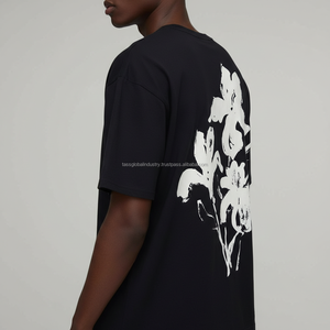 Chemise en coton pour homme, style streetwear, coupe oversize à épaules tombantes, motif floral minimaliste noir et blanc à effet de pinceau, logo personnalisé OEM - Product Image 3