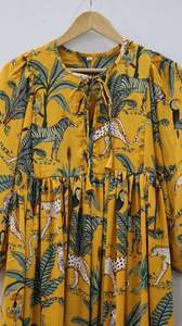 Minivestido amarillo con estampado de animales de alta calidad, cuello profundo, cadena, raya cercana, suelto, bloque largo Natural, estampado informal de verano - Product Image 4