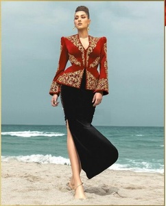 2024 superbe broderie de créateur sur veste rouge avec perles de verre en cristal ornées de Karakou noir pierre Dabka robe de soirée de travail - Product Image 1