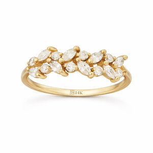 Elegante y Delicado Anillo de Bodas de Oro Amarillo Puro de 14K con Diseño Floral y de Hojas con Diamantes de Laboratorio, Anillo de Novia con Diamantes Marquise y Redondos - Product Image 1