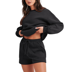 Venta al por mayor de ropa personalizada de las mujeres sólido transpirable Sudadera con capucha Pantalones cortos Conjunto de dos piezas del deporte - Product Image 5