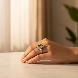 Elegant <b>Women's</b> 925 Silver Gemstone <b>Ring</b> Dainty Turquoise and Ruby <b>Set</b> in Natural Stone Rhodium Plated - Product Image 1
