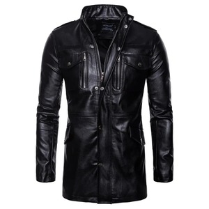 2024 automne/hiver nouveau Design hommes mi-longueur moto veste en cuir avec col montant poche peau de mouton et toile tissu - Product Image 2