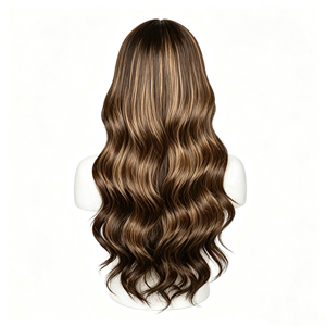 Peluca de Cabello Humano Ondulado Largo Marrón con Reflejos Miel, con Encaje Frontal 13*4, Parte Media Pre-arrancada - Product Image 4