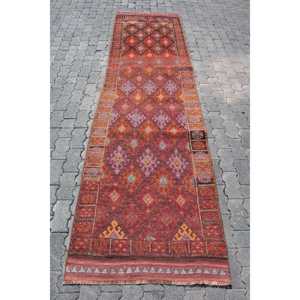 3x11.2 ft <b>Runner</b> Turkish Vintage Rug, <b>Red</b> Persian Wool Rug - Product Image 1