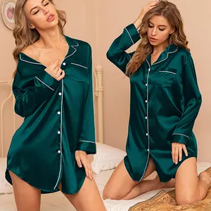 Spring And Autumn Long Sleeve Satin Nightgowns Night Dress For Women Shirt And Pajama