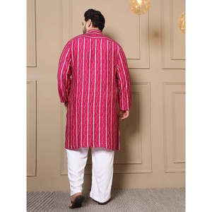 Amanush Kurta Larga para Hombre, Talla Grande, con Estampado Bandhani a Rayas Magenta, Cuello Mandarín, Camisa Casual para Verano - Product Image 4