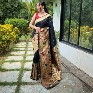 SAREE DE SEDA PURA PAITHANI CON BORDE TRADICIONAL PAITHANI Y PATRÓN DE MOTIVO ÚNICO CONTRASTE RICO TEJIDO PALLU SAREE - Product Image 1