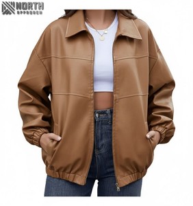 Veste en cuir à motif solide à la mode pour femmes de haute qualité vêtements d'hiver respirants avec col montant doux et élégant personnalisé - Product Image 1