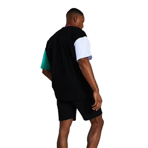T-shirt à col rond pour homme avec blocs de couleur et manches contrastées, noir, blanc, vert sarcelle, ensemble décontracté d'été, 100% coton tricoté respirant - Product Image 2