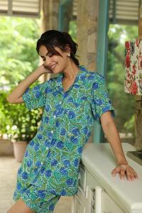 Ensemble short à fleurs en pur coton à imprimé bloc indien femmes printemps été sommeil salon porter à manches courtes petit haut imprimé à la main - Product Image 6