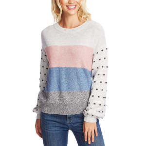 Maglione Casual da Donna CeCe Taglia Grande Beige Antracite con Righe Mélange e Lavorazione a Nappine per la Stagione Autunnale - Product Image 1