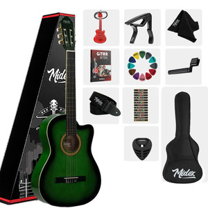 Kit de guitare classique verte 4/4 avec tige de tension réglable, support de guitare, sac, sangle, capo, médiators et livre de méthode |   Midex MGX-100GR - Product Image 1