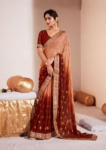 Colección de Saris de Seda Georgette de Dos Tonos con Trabajo de Tejido para Mujeres Indias y Pakistaníes - Product Image 5