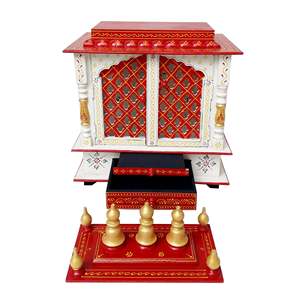 Templo de madera blanco con Rajasthani rojo pintado a mano Mandir de madera para el hogar Pooja templo decorativo con diseño de cajón de cúpula - Product Image 2