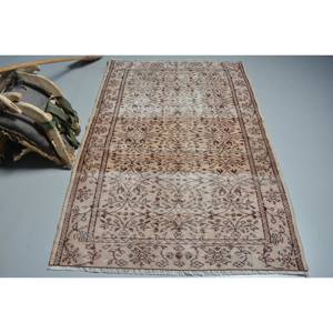 Alfombra turca vintage de área grande de 4,1x6,2 pies clásica Beige marrón patrón de retazos Material de lana respaldo de látex para pasillo de dormitorio - Product Image 1