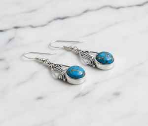 Pendientes Colgantes de Turquesa y Cobre, Plata de Ley, Estilo Tribal Geométrico, Joyería Artesanal Boho - Product Image 2