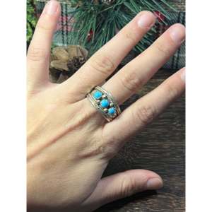 Elton Cadman Kingman Turquoise & Platinum <b>Ring</b> with Vermeil Bezel Setting Size 12.5 <b>Boho</b> Style for Everyday Wear - Product Image 2