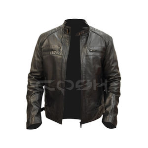 Wholesale Custom Black Genuine Leather Cafe <b>Racer</b> <b>Jacket</b> Stand Collar Motorcycle Riding Coat Supplier - Product Image 1