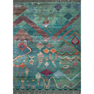 Manchaha Green Hand Knotted Wool Bamboo Silk <b>Rugs</b> 9x12 Rectangle Kilim Geometric for Home Entryway <b>Bedside</b> Hallway-Model - Product Image 1