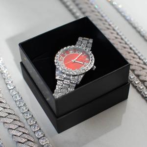 Luxury Unisex <b>Red</b> Dial Stainless Steel Moissanite Watch Crystal Rhinestones Analog Fashion Bracelet 43mm Case Mechanical Auto - Product Image 4