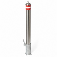 Lift Out Metal Bollard with Top Ring Red White Safety Band Silver Round Steel Post Locking Socket Base Road Removable Bollard