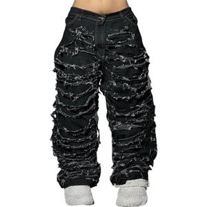 Jeans pour hommes de haute qualité personnalisable en usine automne hiver à jambes larges noir déchiré bleu clair en détresse lavage Hip Hop Street - Product Image 4