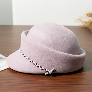 High Quality Women Woolen Tweed Beret Mink Pearl Decoration Bowler Hat