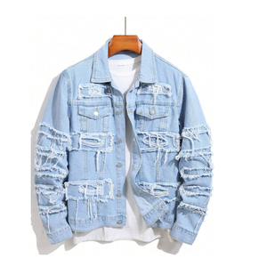<b>Men's</b> Casual Daily Wear Distressed Denim <b>Jacket</b> Button up Ripped Pocketed <b>Long</b> Sleeve Stylish Comfortable Outerwear Fashion - Product Image 1