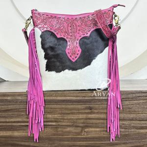 Bolso Bandolera de Cuero Genuino con Flecos y Diseño Floral Rosa, Hecho a Mano, Novedad 2026, Venta al por Mayor, para Mujer - Product Image 1