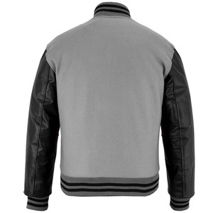 2026 OEM High Street Men's Grey Fleece With Black <b>Leather</b> Sleeves Stand Collar Low Price Heated Windproof <b>Winter</b> Varsity <b>Jackets</b> - Product Image 6
