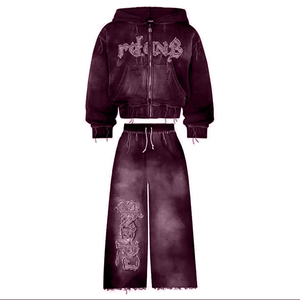 Vintage Acid Washed Printed Streetwear Unisex <b>Hoodie</b> Set Zipper Sweat Suits Flared Sweatpants Active Tops Jogging Wear - Product Image 6
