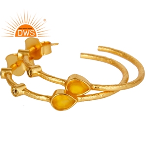 Venta caliente 18K chapado en oro Natural circón citrino y amarillo Calcedonia piedra preciosa aro pendiente Demi joyería fina fabricante - Product Image 2