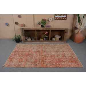 Tapis turc vintage orange traditionnel 4,1 x 6,8 pieds, tissage plat classique, écologique, poil moyen, design patchwork, matière en laine - Product Image 4