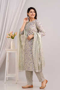 <b>Women</b> Cotton Floral Print <b>Kurta</b> <b>Set</b> with Pant & Dupatta 3/4 Sleeve <b>for</b> Summer Parties Beautiful Indian Style Cotton Salwar Suit - Product Image 4