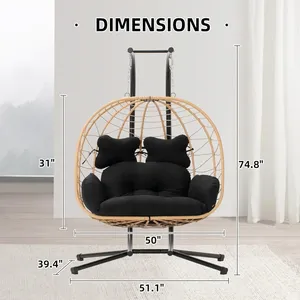 Double chaise en osier intérieure/extérieure balançoire à oeufs hamac pliable causeuse <span class=keywords><strong>suspendue</strong></span> avec support, balcon, <span class=keywords><strong>jardin</strong></span> (jaune et noir) - Product Image 6