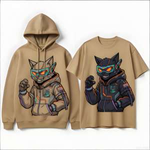 Sudadera con capucha Cyber <span class=keywords><strong>Hacker</strong></span> Cat de algodón pesado de 450 g, estilo techwear, con estampado digital de gatito negro, para hombre, streetwear, con cremallera. - Product Image 2