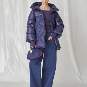 แจ็กเก็ตทรงพองแขนยาวสีกรมท่าสำหรับผู้หญิง, แจ็กเก็ตกันน้ำมีฮู้ดคอปกตั้งไซส์ XL ทำจากโพลีเอสเตอร์ - Product Image 2